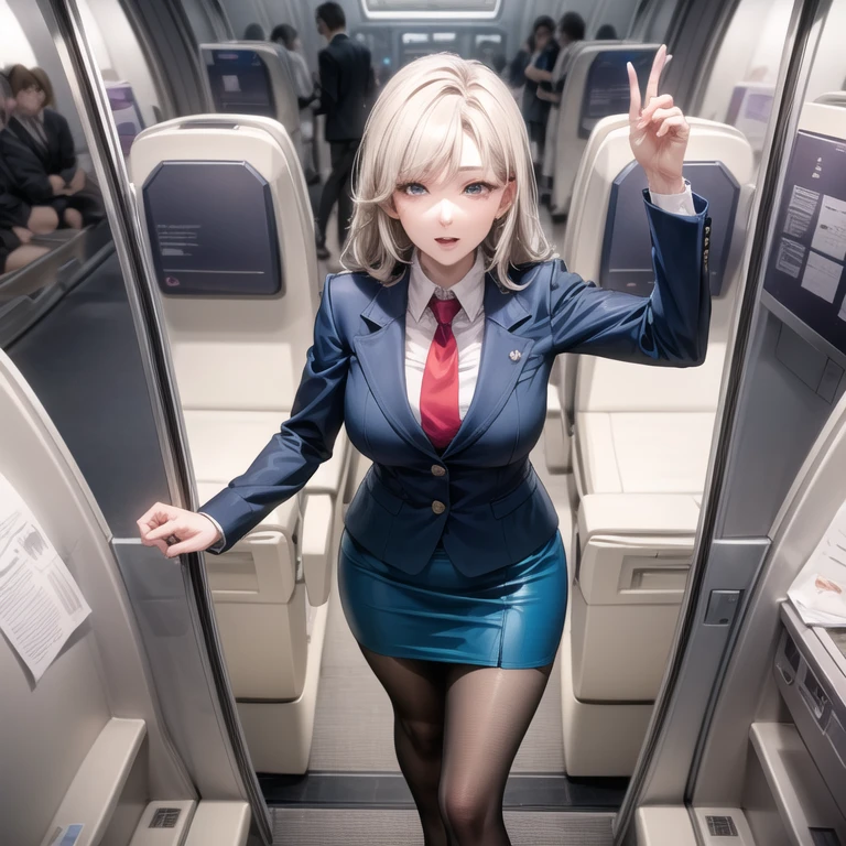 ulzzang-6500-v1.1, (raw photo:1.2), (photorealistic:1.4), beautiful detailed girl, very detailed eyes and face, beautiful detailed eyes, ridiculous, incredibly ridiculous, huge file size, super detailed, high resolution, very detailed, best quality, masterpiece, kemomimi, ((flight attendant outfit)), illustration, very detailed, CG, unified, 8k wallpaper, amazing, fine details , masterpiece, best quality, very detailed CG uniform 8k wallpaper, light on face, movie lighting, 1girl, 16 years old, white hair, side split, (no hat), ()), (with glasses), ((dynamic pose))), (camel toe), (half), (pantyhose), (pantyhose and legs))