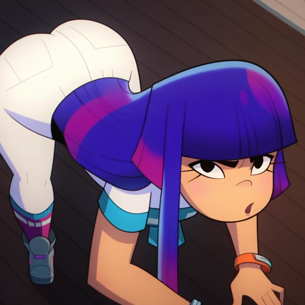 miko kubota from glitch techs, long hair, blunt bangs, purple hair, light skin, ((female gym uniform, long sleeves shirt, latex shorts, purple buruma, white shirt , cameltoe)), (looking at viewer, smile), track and field background, ((, curvy, voluptuous, thick legs, thick thighs, wide hips, medium breasts,)),,(1girl, solo, female focus),((back view, large ass, cowbot shot, hands against wall)),((pov hands, ass grab)), shiny skin, oily skin,