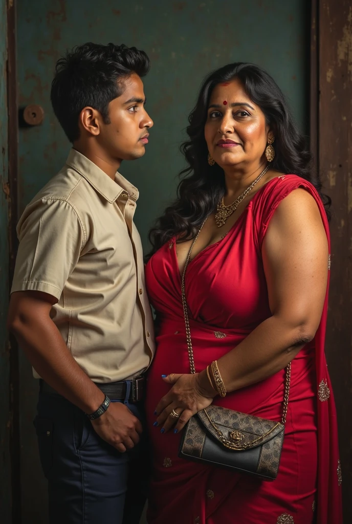 Newly wed indian couple, hot curvy white south indian milf with long hair, big breast, big hip, very big ass, thick thighs, woman wearing tight saree pallu tied in hip, cleavage, indian couple, very short indian black old man with short haircut, skinny body and big moustache, man wearing shorts, woman with man, couple in house balcony, high resolution, couple looking at camera, tall woman and short man, close-up potrait, Closed Mouth, serious face, front full body view, in kitchen, bright lighting