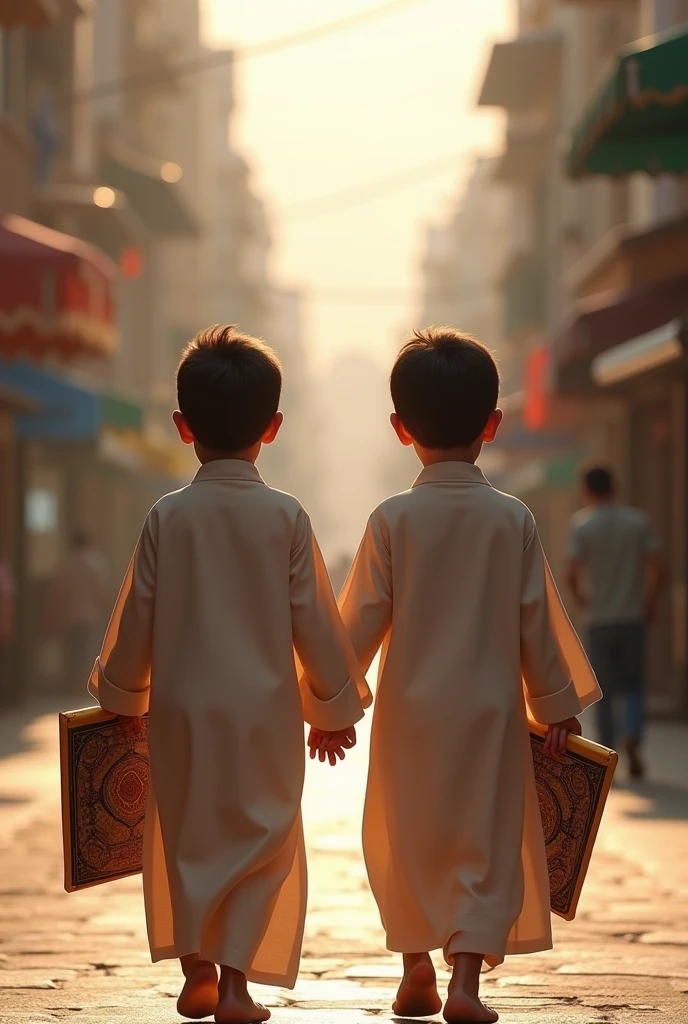 A Hindu boy and a Muslim boy holding hands, two people are very happy and many people are moving behind