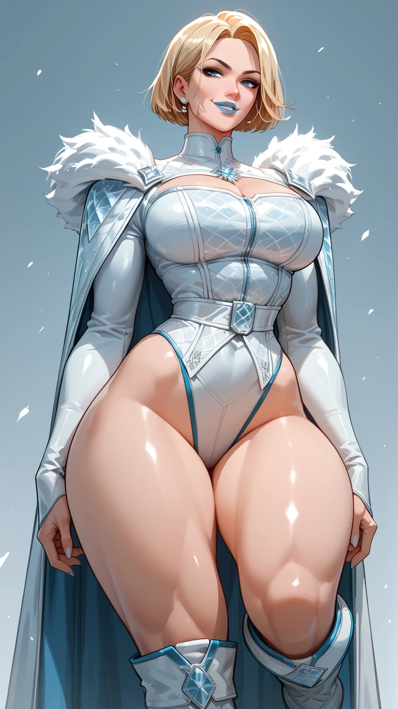 tmasterpiece，（Full body like:1.1），Busty woman，Beautiful and charming woman face，Superman transparent bikini style uniform，white stockings，largeeyes，blue color eyes，High-heeled leather shoes， 1female，Thin waist，long leges，nakeness，Raised sexy，extremely large bosom，Bare breasts，Expose the genitals，with no underpants，Long flowing white hair，（Background with：mostly cloudy sky，It's raining，the rainforest），Lewd expression，Flushed complexion，cleavage，CLASSICSTYLE，Get wet all over your body，A MILF，mature
