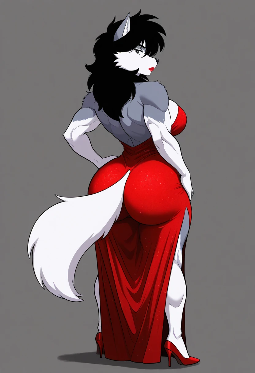 Loona from Helluva Boss, female wolf, anthro, mature adult, red dress, heels, detailed, serious, cold expression, hands crossed, visible hands, tall female, grey eyes, solo, beautiful, high quality, full body, front view, metal walls, concrete floor, dark, looking down at viewer, viewer POV, 4K