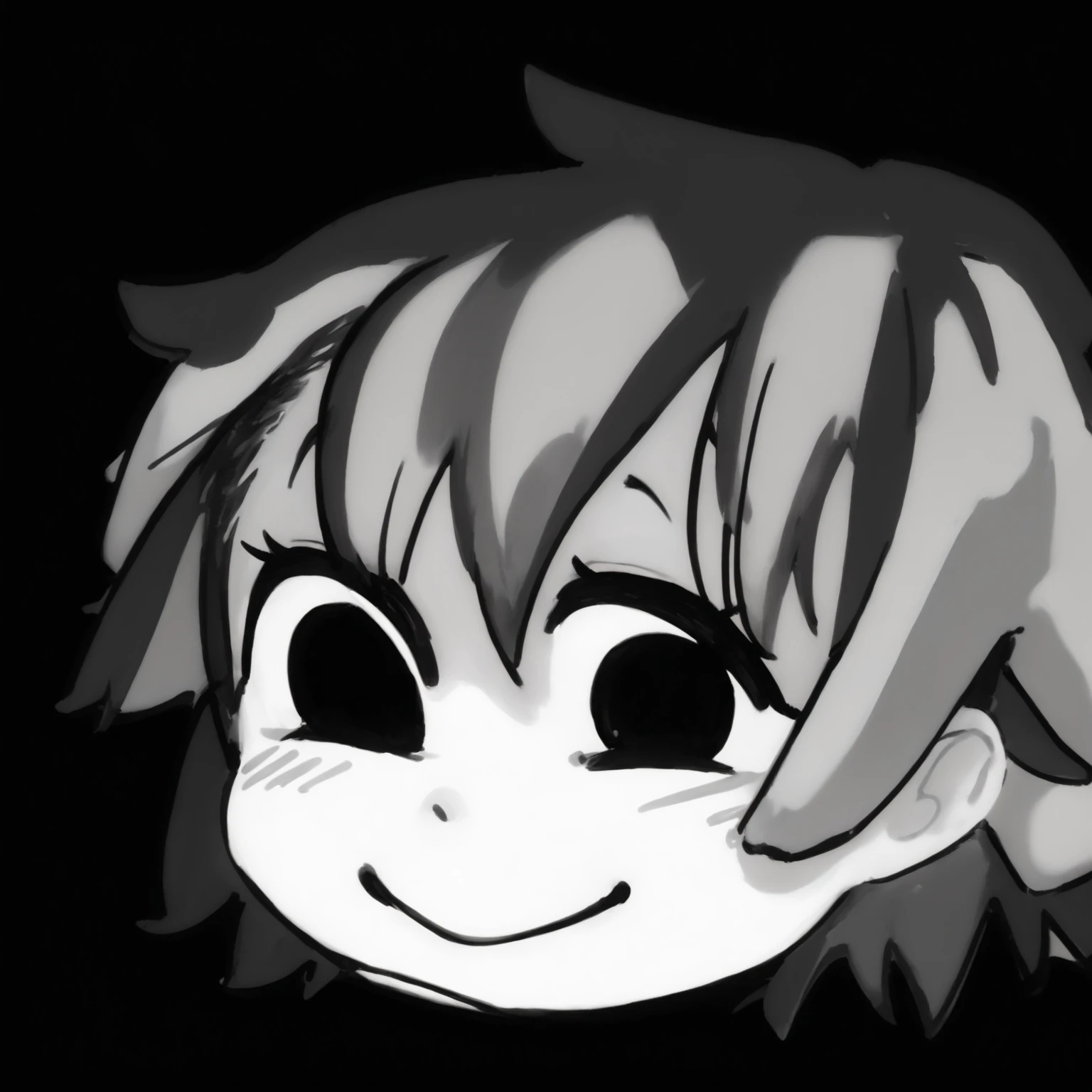 a close up of a cartoon boy with a black and white face, slightly happy facial expression, mostly greyscale, [[[[grinning evily]]]], unsettling grin, flat anime style shading, cute anime face, large eyes and menacing smile, greyscale, anime face, ( shy smiling face ), detailed anime face, very slightly smiling