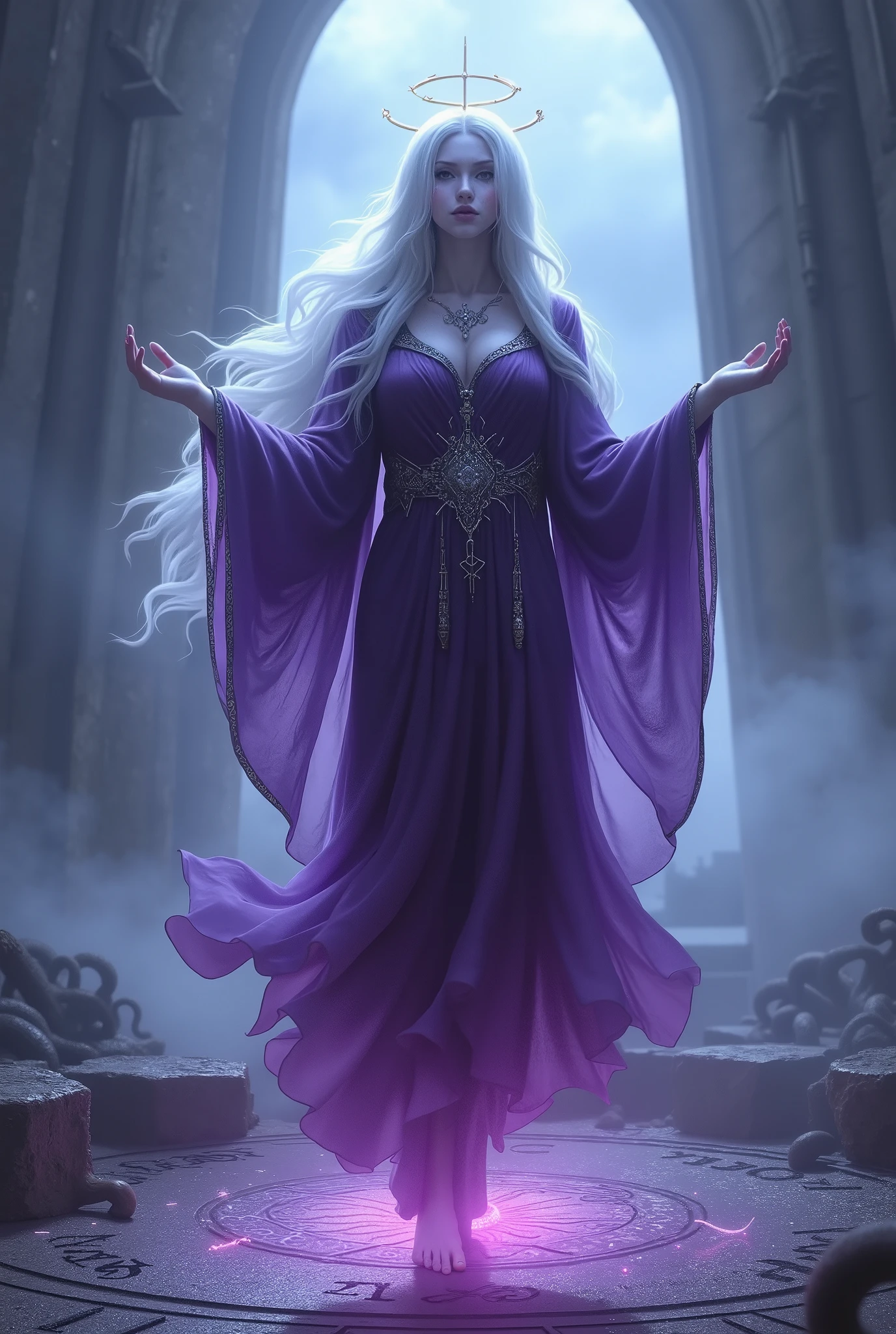 Scenario:
An altar abandoned amidst a dark and misty field, under an opaque sky, sem estrelas. Circular slits float in the air, like distorted eyes of the Void. The floor is of ancient stone, covered with arcane marks, moves and in the center there is a ritualistic circle pulsating in light purple and spectral blue.
Pose:
Lysandra is levitating about one meter off the ground, with her arms open and her palms turned upwards, like a priestess channeling energy. Her hair floats as if she were submerged in ethereal waters, and her robe gently shakes around her body.
Expression:
Her face conveys serenity and strange wisdom, but there's something unsettling in your calm. Her completely black eyes shine slightly with cosmic energy, and dark tears flow down her cheeks, as if the Void itself were crying Her.
Trajes e detalhes:
Deep purple cloak, with runes embroidered in living silver. The fabric is ethereal — dissipates its edges in fog as.
Sob o manto, a living black silk tunic, that pulses slowly like a heart.
Her arms and legs float revolving runic rings, marked with symbols Forgotten that glow in icy blue.
Cabelos brancos, muito longos, floating as if there were no gravity around them.
Her pale skin is marked with abyssal bonding scars, like dark cracks that shine through spectral energy.
Efeitos Visuais:
Behind her, shaded and translucent tentacles emerge from an open portal, curving towards the sky.
An inverted halo made of abyssal runes hangs over her head, like a ritualistic crown.
The air around her vibrates with visual distortions, like heat or water, creating an unstable reality effect.
On the ground below her, shadows in the form of hands slowly rising, like souls trying to reach it.