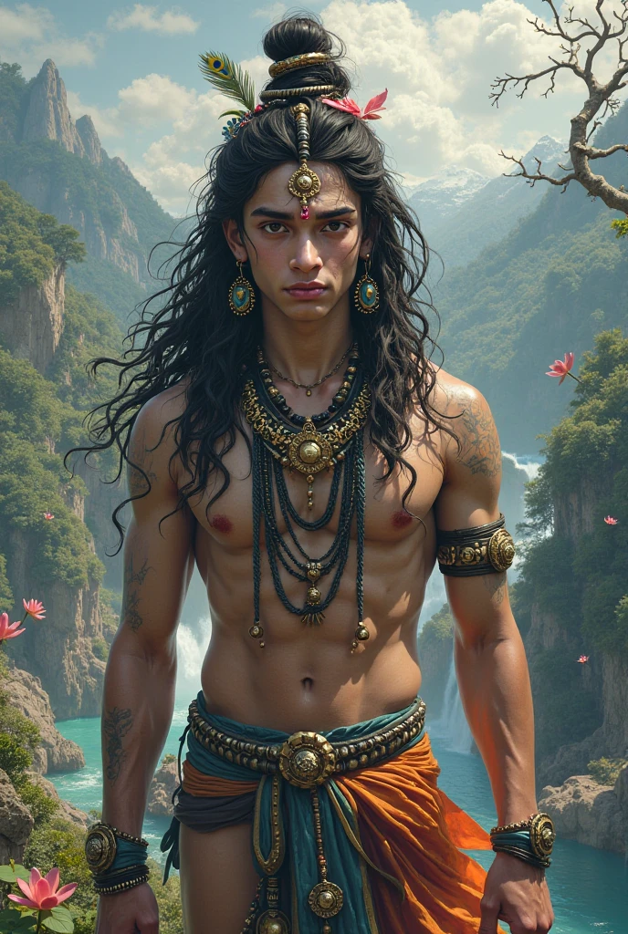 Create a highly detailed image of Lord Shiva, known as Mahadev, in a serene and majestic setting. He should be depicted with a blue complexion, adorned with a third eye, a crescent moon on his forehead, and a snake coiled around his neck. His hair should be styled in a wild, flowing manner with the river Ganga cascading from it. He is seated in a meditative pose on a mountaintop, surrounded by a glowing aura. The background should feature a tranquil Himalayan landscape with misty peaks and a soft, ethereal light illuminating the scene.


