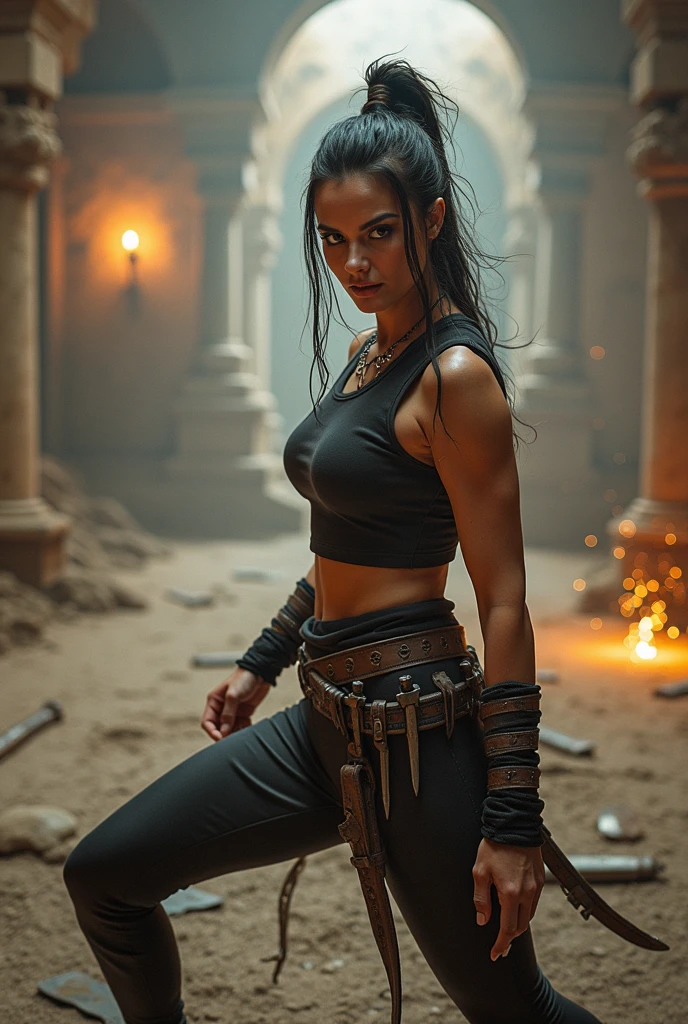 “Primary masterpiece in UHD, sharp details. Style inspired by God of War, capturing the striking presence of the Spartan warrior. | A stunning and pale 30-year-old woman displays her tribal tattoos in a set of black t-shirt and skirt, adorned by stunning golden armor and jewelry. The beautiful brown leather boots complete his imposing image. His yellow eyes, full of malice, fix directly on the viewer, highlighting an evil smile on his lips. | The scenery unfolds in an ancient temple during a rainy night. Rocky structures, altars with ancient inscriptions and strategically positioned torches illuminate the environment, transmitting the epic environment of God of War. | Details such as raindrops, reflections on wet surfaces and dramatic shadows contribute to the visual intensity of the scene. | Imposing Spartan warrior in an ancestral temple, challenging the viewer with her penetrating look | The camera, positioned close to the character, reveals her entire body as she adopts a dynamic_pose, displaying an imposing presence in the ancient temple setting. | ("| The camera, positioned close to the character, reveals her entire body as she adopts a dynamic_pose, interacting with and leaning on a large structure in the scene in an exciting way. | (perfect_pose), she adopting a ((dynamic_pose as interacts, boldly leaning on a large structure, leaning back in a dynamic way):1.3), (hands_with_5_fingers), (perfect_hands), (perfect_fingers), (perfect_legetter_handull body)), More Detail".
