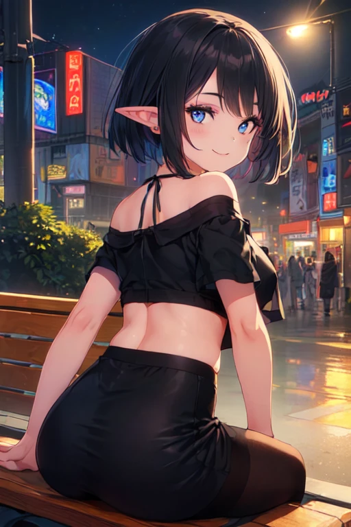 1girl, brown hair, grey eyes, short hair, breasts, (elf:0.91), office outfit, (night street:1.21), <lora:Microskirt:1> microskirt, (masterpiece, best quality:1.21)