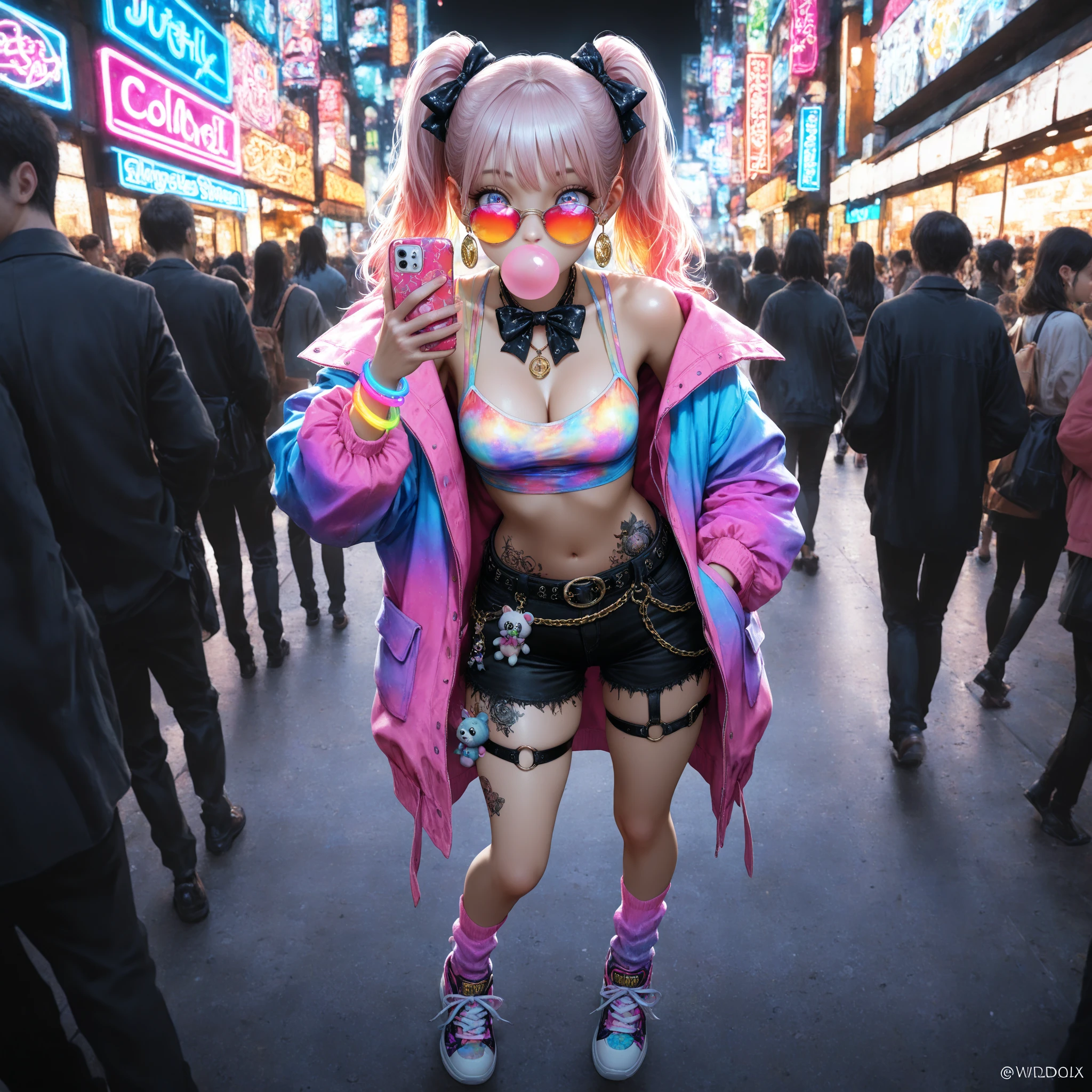 Pretty, Woman, Sexy face, Yellow eyes, White hair, Slim body, sexy smile, Sexy Pose (breast), Pink tights, long legs walking forward, mechs, Neon sign, Led Night City, Seen from above, High quality, Realistic, Beautiful light, full detail, Black background