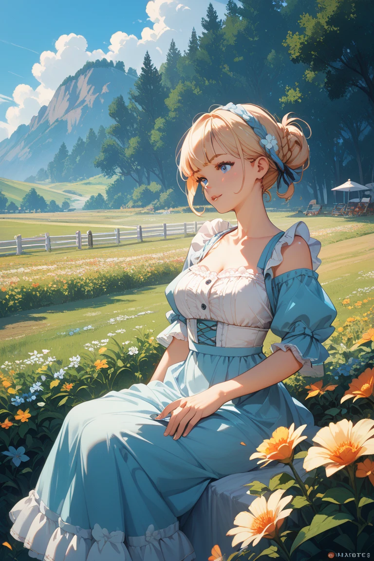 Fiona belli Houting Ground ((ultra detaild, masterpiece, absurderes)) HGFiona, 1ガール, blond bun hair, blue eyes, in a tulip field, golden hour,big round tits naked, smiling