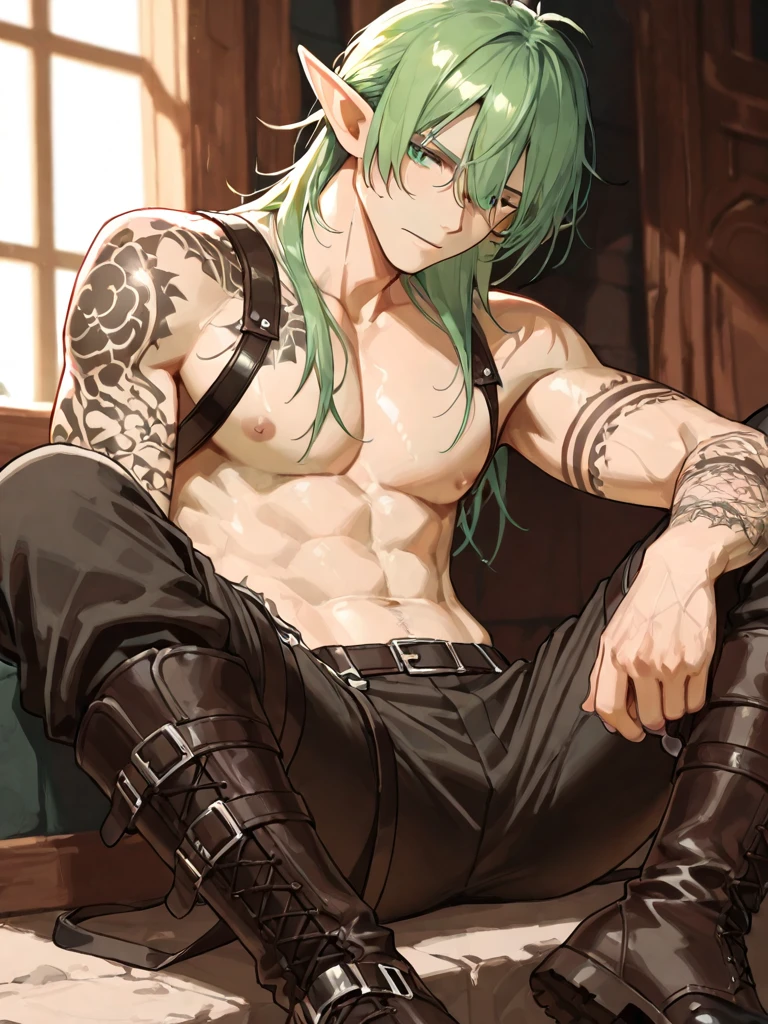 (hyper-realistic digital illustration), renaissance art, hires, best quality, boy wearing micro black thong, see-through black thong , front view, lying on his back, holding legs raised, athletic body, (white skin), bare chest, flat chest,(long green blue hair scruffy ), alluring expression, small waist, muscular.