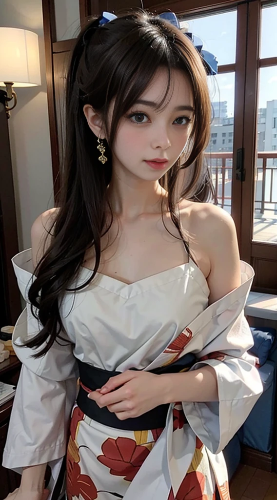 (Photorealistic:1.8, Highest quality:1.8,8K masterpiece:1.8,High resolution,Mastepiece:1.8,RAW Photos,Cinematic lighting)、Detailed Background、((Flat Color))、((colorful))、morning、Cafe、Window light、(A female secretary holding a coffee cup)、TWICE's Tzuyu' on pause、Top view angle、
(choker、big chest、White shirt、mini skirt、Wide open chest、Beautiful thighs、Beautiful breasts)、(happy、smile、A rich expression)、(ponytail、Beautiful, shining, crimson-white-gold hair:1.5)、Sparkling Blue Eyes、Random Pause
