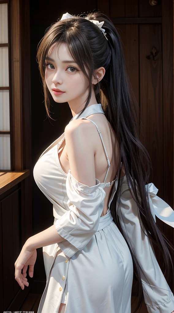 masterpiece,highest quality,High resolution,Very detailed,like,Long Hair,Side Ponytail,Hair Ribbon,hair ornaments,teeth,Cowboy Shot,looking return,turtleneck,Halter neck,return,Butt crack,turtleneck sweater,bare return,returnless dress,virgin killer sweater,indoor,night,