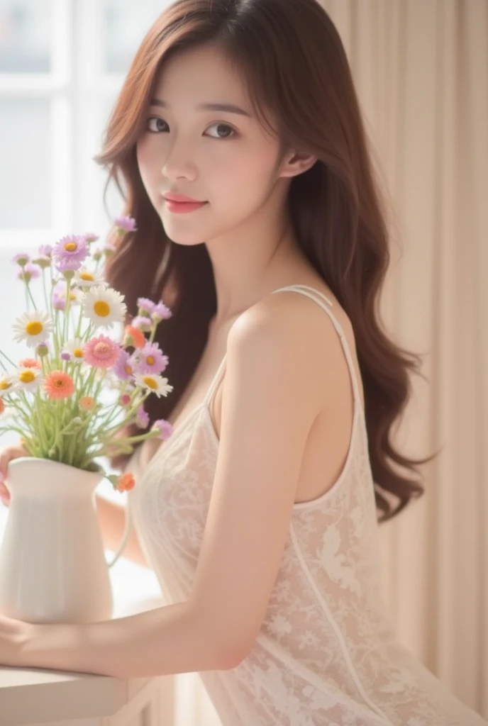 1 woman, Hair clips, earring, decorations, brown hair, looking at the audience, lips, playful, sitting in front of the drawing board, painting, thigh, whole body, In the sea of flowers or on the beach, She wore a long white dress., Turn your head slightly., Hands caressing long hair, gentle eyes, smile, It&#39;s like admiring the beauty of nature., Such photos will definitely make people feel her beautiful and innocent atmosphere.. The color tones of the photograph may appear mostly natural., Bias towards bright and soft., Make people feel warm and calm.. It seems to dance in harmony with its surroundings.. Her breath was full of energy and vitality., as if her whole body is venting the energy of youth. Her outlook became brighter with her presence., Make people feel endless happiness and vitality..