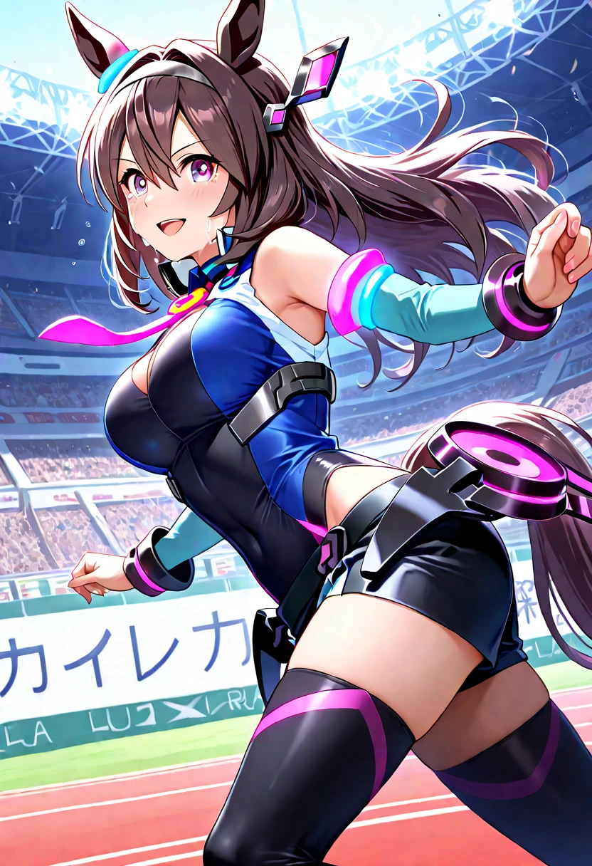 Anime girl in a blue and white dress, big, Biomechanical , In a dress, Boob proportions, Naughty, Poses that accentuate the chest, Naughty anime style,((highest quality)), ((masterpiece)), A shy smile, Pitch Resuit, Puffy nipples, Embarrassed laugh、Kamimei, Knee-high stockings, Adult female, (When it enters the sheath:1.3), Cum in mouth, (Protruding G-string:1.5), Long Wavy Hair、Dark brown hair, Check mini skirt,Race Queen, Master Painting, highest quality, Photorealistic, Ultra-detailed, (Glossy Skin, Sweaty:1.4), Observe the crowd, Brown eyes, thin, Dynamic light and shadow, High resolution, Sharp focus, Depth of field, The eyes are delicate, Sharp pupils, outside of home, Sky Sky, Tight Skirt,Grid Girls, Underbust, Wet_Clothes, Wear the grid_A girl's costume with sponsor logos printed on it, (Participate in a motorsport race)+, Place your left hand on your hip、Sexy Hips、Kamimei、Chest opening、Pose that emphasizes the buttocks
