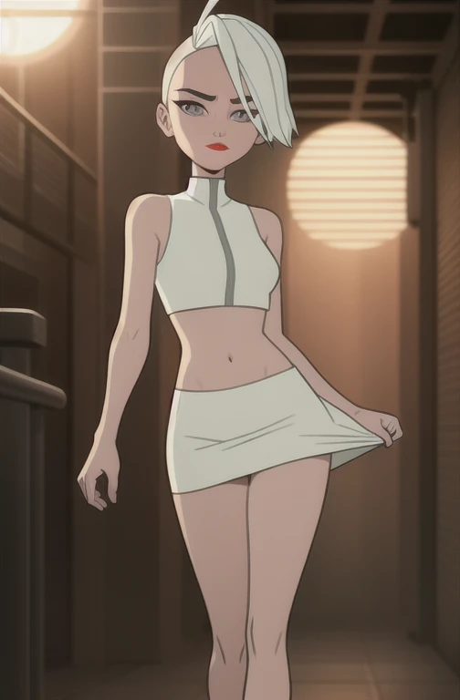 (dark theme:0.6), Glucose, 1 Girl, mature face, One, short hair, in a white bra, wearing white skirt, sexuality, Long legs, sexy legs, High growth, summer day, Sun, Flower Garden, wound, 1.2), White hair, pomade, decrease,  I look at the viewer, grey eyes, Sharp image, crop top, (HDR:1.22), bright acid colors, flowers, complex background, Hyper detailed, art [[Jordan Grimmer]]