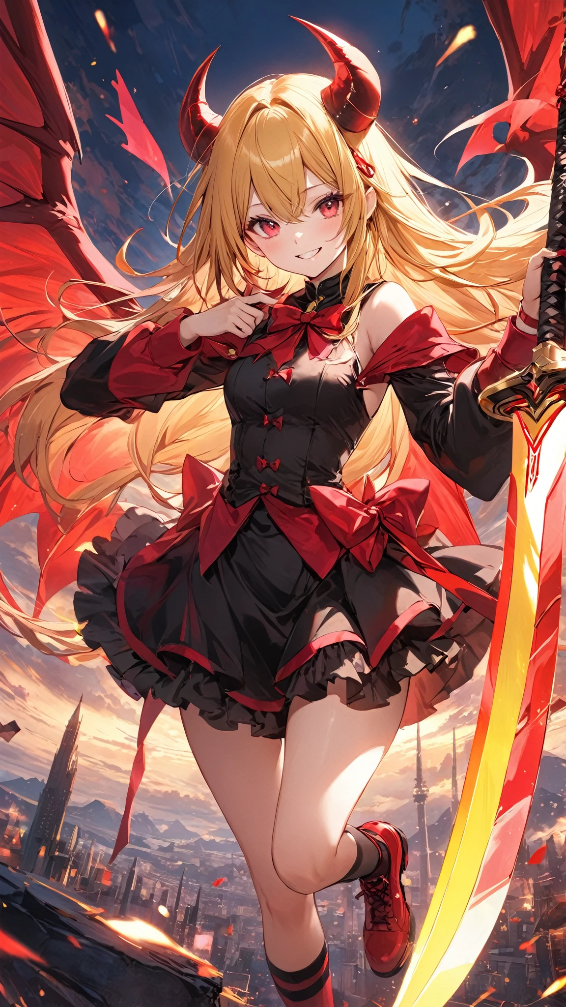 Arafed, action shot, Dark fantasy art, fantasy art, goth art, a picture of a female vampire, exquisite beauty, full body shot, dark glamour shot, pale white skin, blond hair, long hair, wavy hair, (glowing grey: 1.3) eyes, she wears a (red: 1.3) red thigh suit, ArmoredDress, she holds a sword in hand, (ready for battle: 1.4) , the roses are imprinted on the suit (black: 1.4) black roses, high heels, dark castle, dark, black and color, Dark Art Painting Style, flower dress, betmd