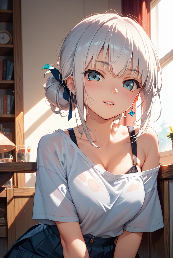 (white hair),(Curly hair with a lot of fluff:1.4),(short hair with curls:1.3),(With bangs),(rainbow colored eyes:1.25),Slight red tide,(Beautiful breasts spilling out of clothes:1.3),(The eyes are shining brightly:1.2),(eye size:1.7),(Bedroom with morning sunlight:1.23),(cute girl's room:1.35),(Dabo Dabo T-shirt:1.3),(rubbing eye:1.25),(close up of face:1.4),(perspective from above:1.3),(face when waking up:1.3),(beautiful body),(Older sister sitting on the bed),