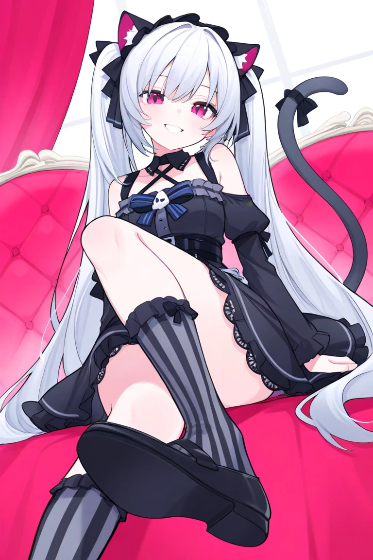 {{{{masterpiece}}}},{{highest quality}},{{Official Art}},{{Highly detailed CG Unity 8k wallpaper}},{{{Art Book}}},One Girl, ((Gray Hair)), ((Messy Hair)), (short hair), ((Twin tails)), ((Diagonal bangs)), Yellow Eyes, Slanted Eyes, teeth, (((A nasty smile, Grin, teeth))), ((playboy bunny)), Spiked Choker, Black shoes, Huge breasts, {{White skin}}, Bright Eyes, Neck wrinkles, alone, Young girl, 