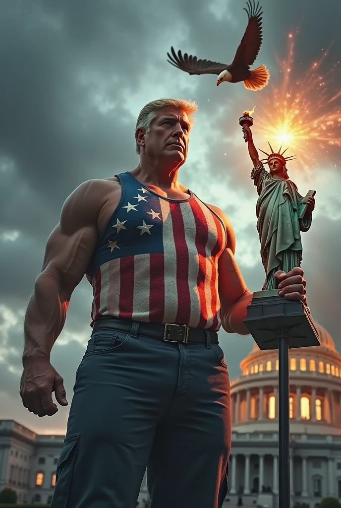 (best quality,ultra-detailed),Donald Trump as Hulk,wrapped in American Flag,explosions in background,superhero,physically-based rendering,concept artists,vivid colors,sharp focus,HDR,ultra-fine painting,studio lighting,colorful palette,heroic pose,rippling muscles,enraged expression,memorable and epic scene