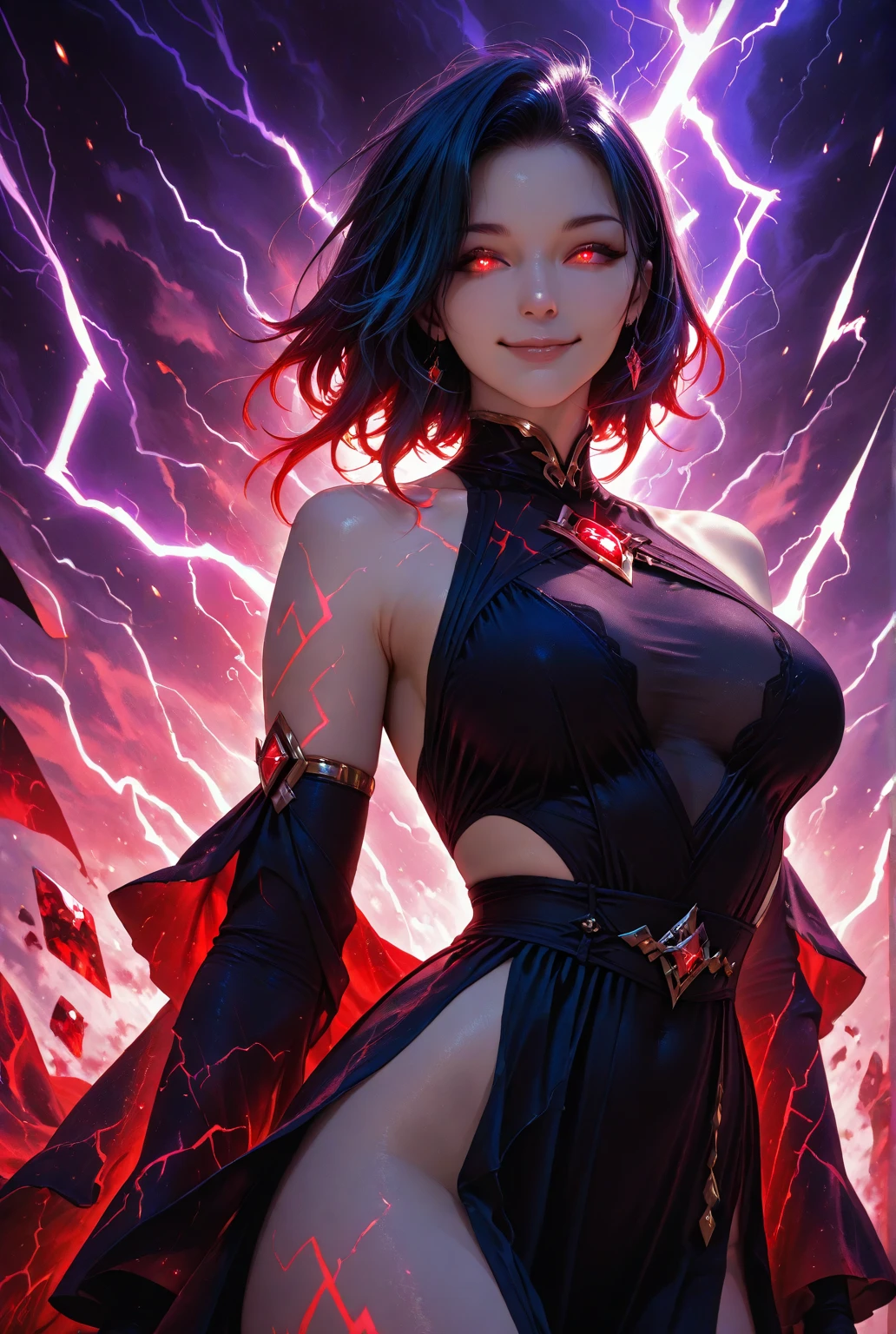 (hews art style:0.7), (hero neisan art style:0.7), score_9, score_8_up, score_7_up, score_6_up, score_5_up, score_4_up, uncensored, black hair, red eyes, purple lipstick, hair between eyes, long hair, short pointy ears, pale skin, BREAK (masterpiece:1.2), best quality, high resolution, (detailed eyes:1.3), perfect lighting, (perfect hands, perfect anatomy), large breasts, 1girl, breasts, solo, cleavage cutout, cleavage, clothing cutout, large breasts, skirt, miniskirt, cropped jacket, makeup, lips, thighs, earrings, jewelry, looking at viewer,electricity, jacket,