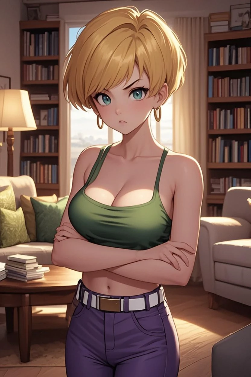 8k,masterpiece, bset quality,big, (1 girl), android 18, blue_eyes, blonde hair, short hair, professional lighting, (shiny skin: 1.2), shiny big, ((best quality)), sharp focus: 1.2, highly detailed face and skin texture, detailed eyes, perfect face, perfect body, blur art, cg, background, Big breasts, presence (20yo, mature cool and beautiful face), wearing ((black skirt), white taut shirt, thigh, white tank top), blush, (mittgal), random pose, top view, perfect eye