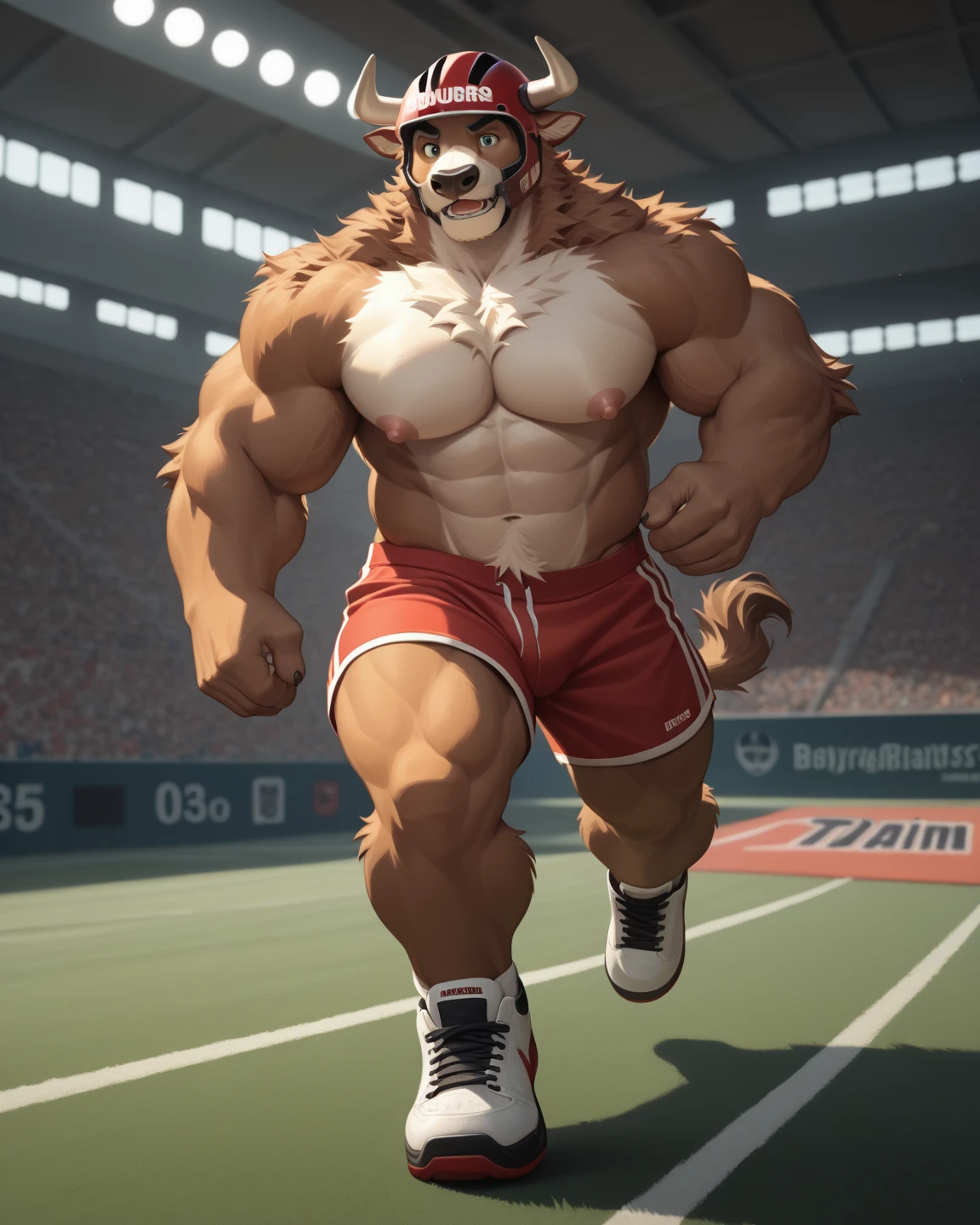 solo, 1boy, Huge wide thick Muscular Old Grizzly Bear wearing glasses , pectoral, huge pectoral, wide pectoral, short white hair, short pants, black wristbands, watch and shirtless and topless, bearded, Mustache, olympic stadium background, masterpiece, high detailed, 8k, high resolution, running all over the tracks, training, exercising