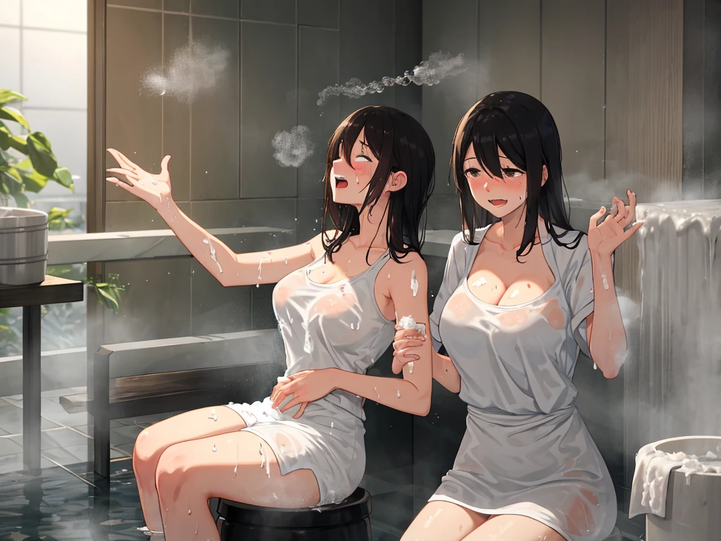 areer woman. (sauna). (profuse sweat:1.4). (full of steam:1.4). (wet bath towel:1.4) .(forehead:1.2).(4+women and girls:1.6), masuterpiece, Textured skin,High resolution, Ultra High Definition, top quality, very detailed, professional lighting, top quality, best quality, accurate, Anatomically correct, Textured skin, Super Detail, high details, High quality, Best Quality.perfect anatomy