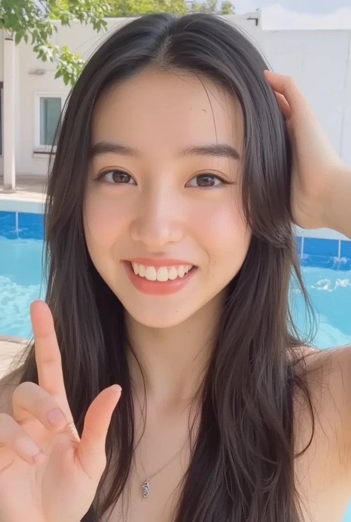 ((best quality、8K、:1.3))、sharp、、、、、、、、、:1.2、perfect body beauty:1.4、slim abs:1.2、((bob hairstyle、big breasts:1.2))、(wet white button long shirt:1.1)、(rain、street、、、、、、、、、:1.2)、Wet:1.5、Highly detailed face and skin texture、detailed eye、double eyelid、Looking at the camera、pool、bikini、cute swimwear、Sexy、smile、Trendy swimwear、Similar to Suzu Hirose