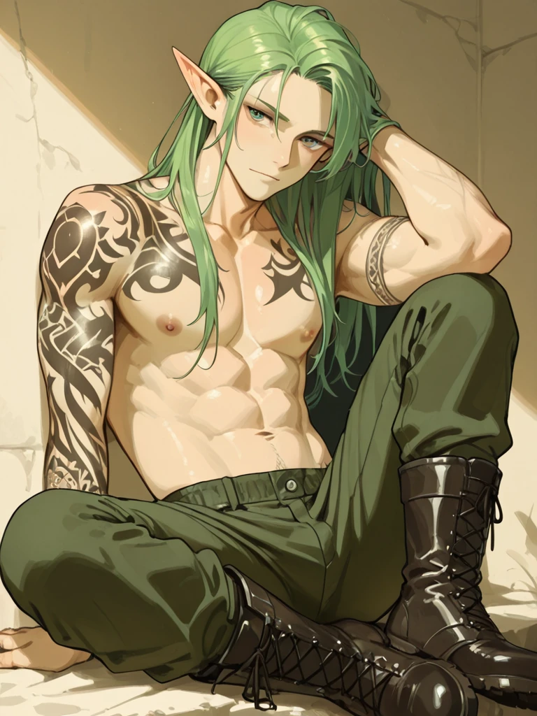 (hyper-realistic digital illustration), renaissance art, best quality, boy wearing micro black thong, see-through black thong , front view, lying on his back, holding legs raised, athletic body, (white skin), bare chest, flat chest,(long green blue hair scruffy ), alluring expression, small waist, muscular.