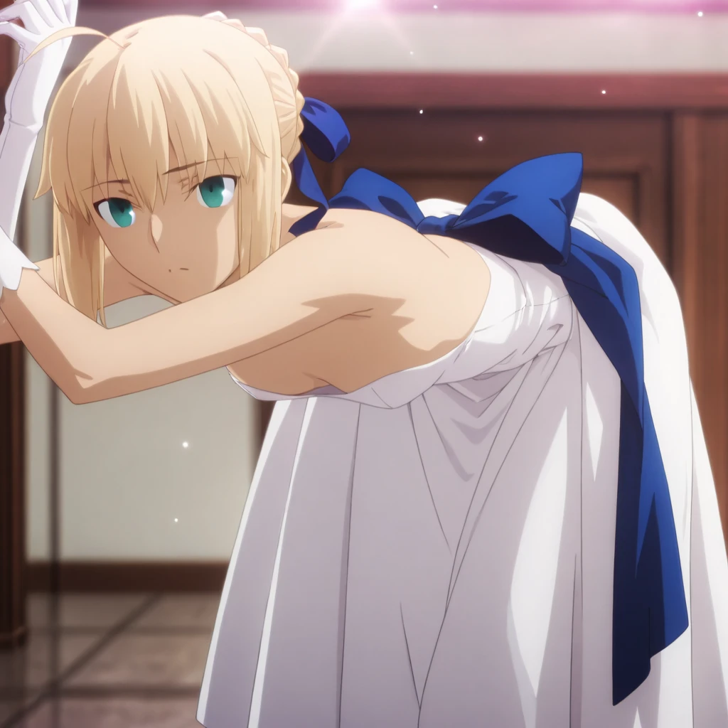 best quality, masterpiece, highres, details, realistic, ray_tracing_graphic, solo, adult_female, {saber_fatestaynightufotable:1.15}, blonde_hair, little_ahoge, green_eyes, blue_ribbon, 1girl, anime_coloring, full_body, blushing_face, five_fingers, blush, little_smile, large_breasts, white_ballgown, blue_straps, from_the_front, party_place, night_time, oily_skin, sturdy_body, glow eyes