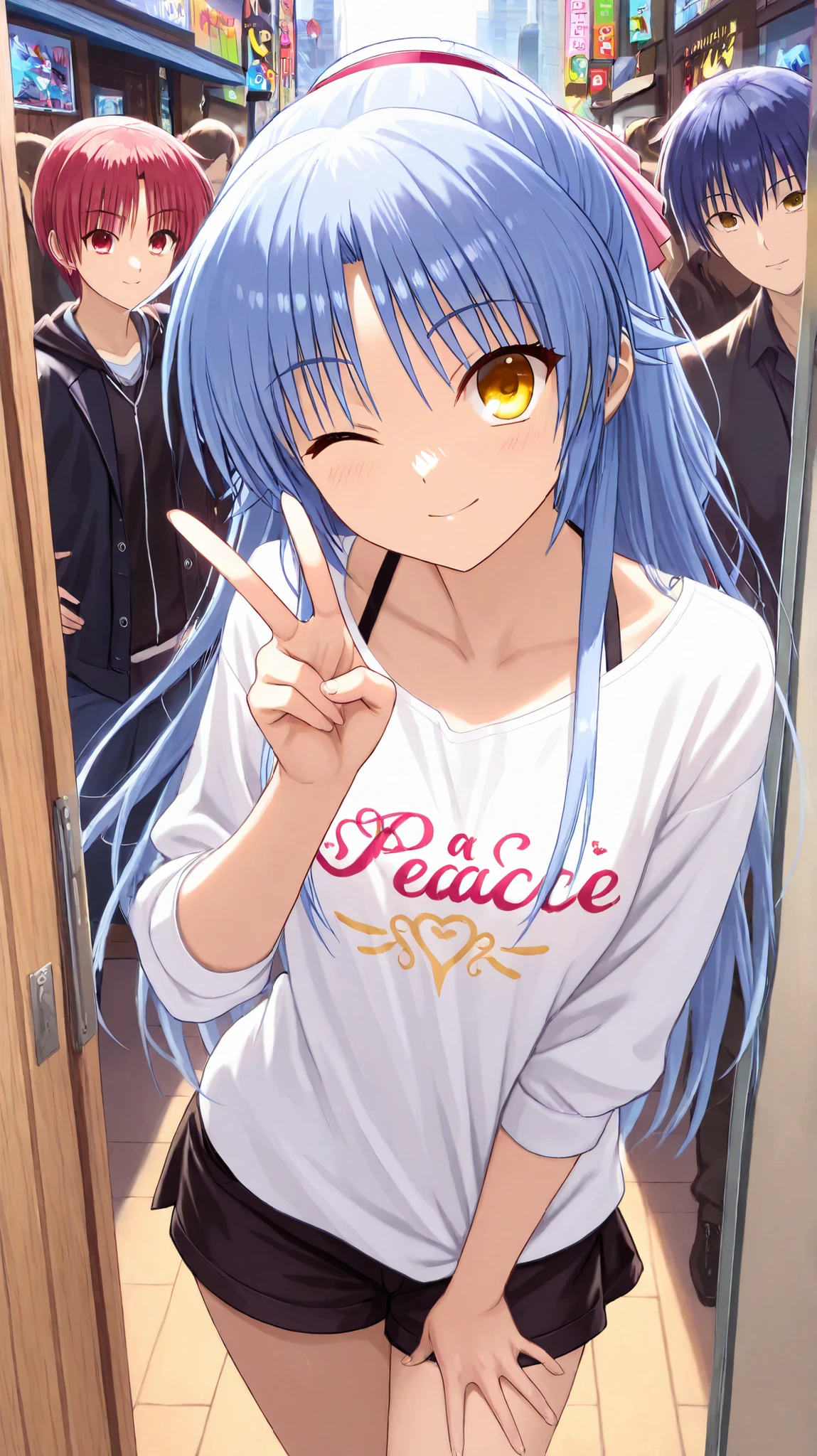 masterpiece, best quality, ultra-detailed, anime-style, Kanade Tachibana from Angel Beats!, long silvery-blue hair, golden eyes, wearing colorful and layered Harajuku-style fashion with playful accessories and a modern twist, striking a playful and confident pose (one hand on her hip, the other making a peace sign), bright and cheerful expression with a slight wink, standing in front of a small wooden stall in the middle of a vibrant Harajuku street, surrounded by handmade goods, plushies, and accessories, bustling city background with colorful signs and people in trendy outfits, soft warm lighting, cinematic composition