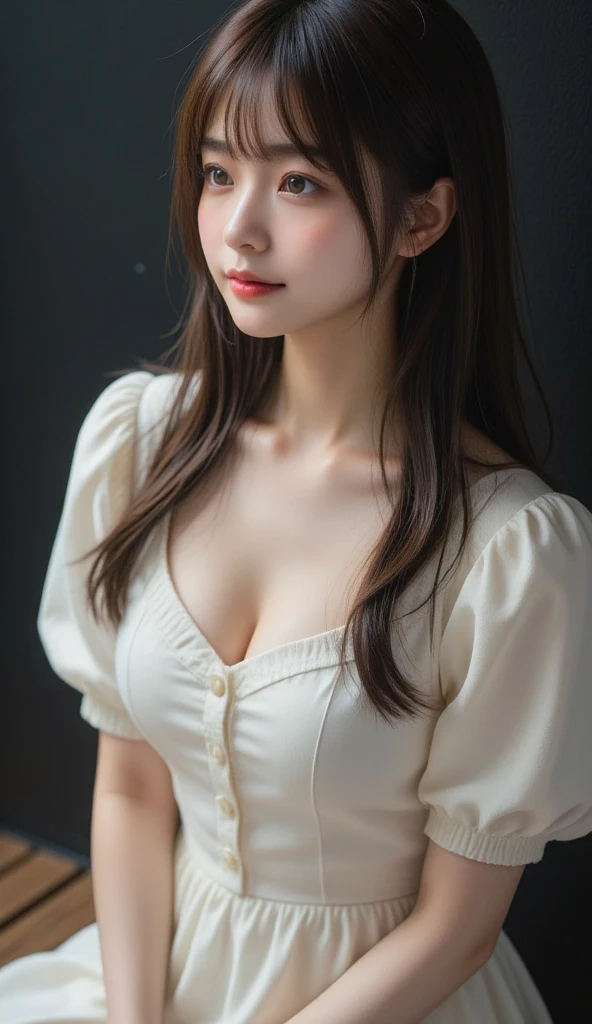 ((Realistic Face, Fascinating, Mature, White eyes,Big ample breasts)), (Maid style dress, Short clothes,race), (long hair that is wavy), (20 years), (1 girl), (8K Style))