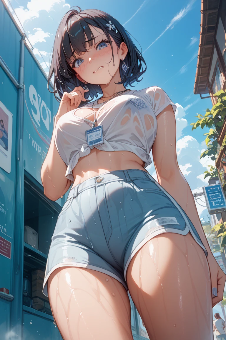 best quality, full body, full art, sexy, small round boobs, thicc thighs, raccoon ears, Deep vee, sport shorts, tank top, perfect proportions,