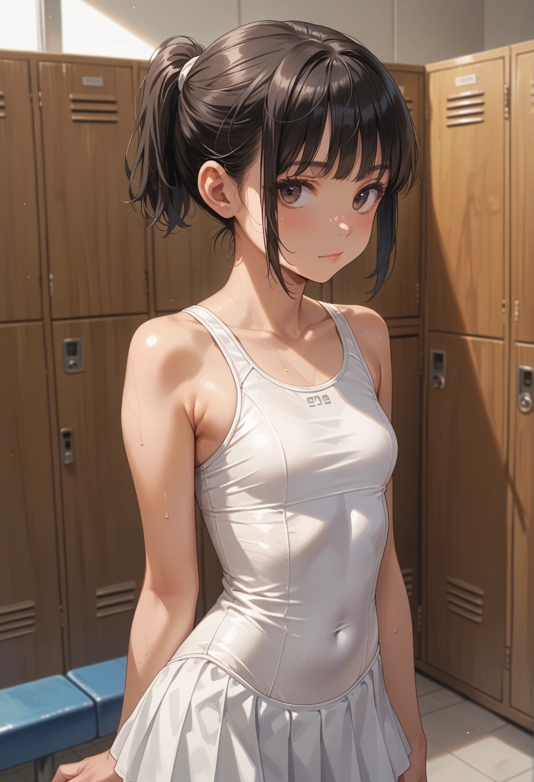 absurderes:2.0, (one girl、solo), realistic, Unity 8K Wallpaper, Masterpiece, Realistic face, Realistic skin feeling ,detailed hair, highly detailed, realistic glistening skin, Cute Girl, Perfect face, japanese actress face, charming face, Glossy skin、((all white racing swimsuit, locker room、medium short hair, embarrassed、panic)),