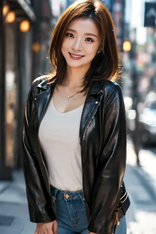 (((Yumikanoku))),((Highest quality, 8k, masterpiece :1.3)), One Girl, smile, whole body, Slim face, Beautiful woman, (Dark brown hair), ((Leather black suit,Black short tight skirt)), Highly detailed face, Detailed eyes, double eyelid, Bokeh Background, Slim face, City of night, Neon Light,outside, Tokyo Street,Japan