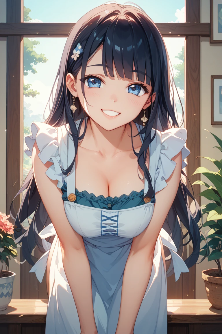 Dark Haired Girl, Light blue micro bikini and white low apron, Small Hips, Large Breasts