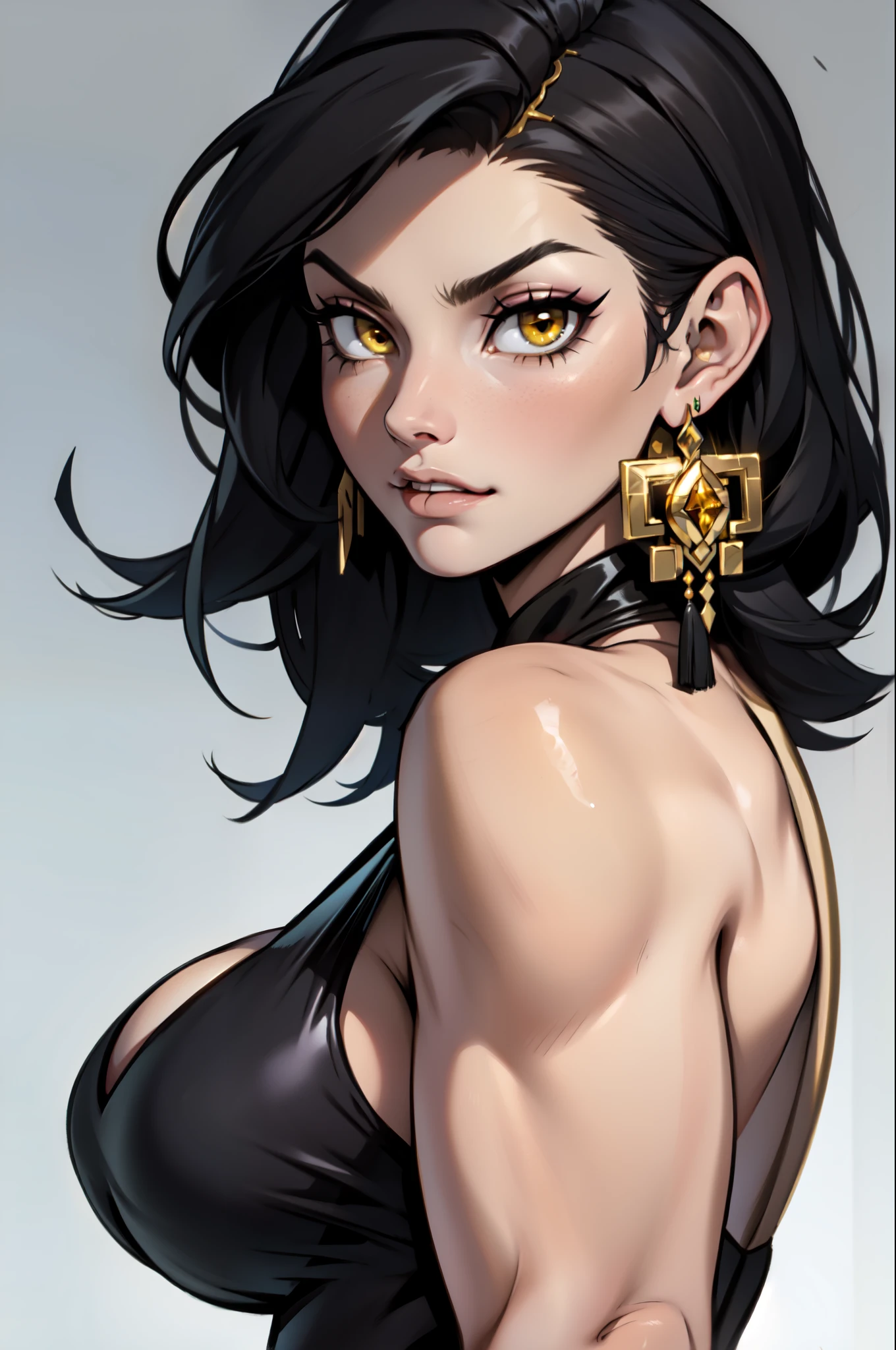 1 girl, pharah from overwatch, masterpiece, best quality, very aesthetic, source_anime, (dark skinned:1.5), bare body, black eyes, big breasts, bikini, portrait