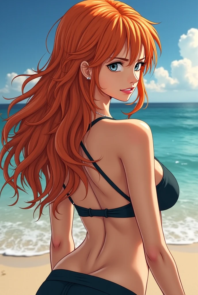 (high resolution, upper body, soft skin:1.2),(best illustration,masterpiece:1.2),ultra-detailed,[(cat ears , red inside:1.2, red braided hair, blue cat eyes),vivid colors,sharp focus, sunlight,bokeh, wearing a checkered bikini, beach background, smiling, hands on hips, from above, back turned
