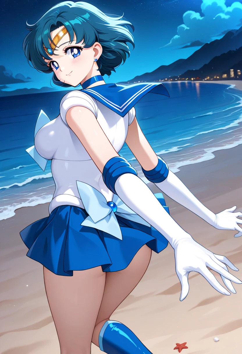 masterpiece, best quality, beautiful art, high resolution, well formed hands, body and fingers, 1 woman, solo, Sailor Mercury, sailor collar, elbow gloves, earrings, blue makeup, sailor senshi uniform, full body picture, grown up, adult, large and rounded breasted, cleavage, hair ornament, wearing a Tyris Flare outfit , white_bikini, full body, sexy and skimpy bikini, gorgeous hips, legs and thighs bouncing breasts,fighting in a combat match, showing her fighting skills, making her guard, about to hit the viewer, looking at the viewer, sweating, bouncing breasts, smiling joyfully and brightly, being confident and proud, action and fighting scene, fighting cage on beach environment.
