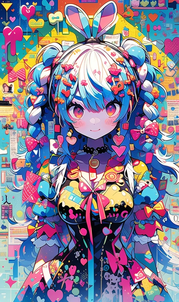 (masterpieces:1.2, Prompt), (images, photoimages:1.4), Beautiful Illustration, (Natural Side Light, movie lighting ), nsfv, tattoo {x} look at the viewer, 1 girl, Japan, schoolgirl, have a perfect face , ใบหน้าสมมาตร cute,Central Street, (long hair:1.5, Twin tails,Braid、Light Blue Hair), , curls on the sides, Rabbit's ears、CHEMOMIMES, Dark red eyes , Glowing Eyes, Big eyes, Downy Eyes, Round eyebrows、Long Eyelashes,smile ผมสวย, Beautiful face , beautiful eyes beautiful eyes beautiful collarbone, beautiful body, beautiful breasts, Beautiful Hips, beautiful legs , beautiful fingers , аксессуары для decoration , decoration accesories,Mr..々lots of beaded hair accessories,too many decorative ornaments,trendy bright pink ,lots of beaded jewelry, large pink ribbon ,white socks,blue mesh stockings,Pink Pleated Mini Skirt,dresses with pink reflections,numerous bracelets,multicolored beaded necklaces,big white ribbon on the side of my hair,masterpieces, better quality, Ultra Detail, beautiful shadow , cinematic lighting, Studio light , cute, cute, Big eyes, floral pattern on the curtain wall eyes, shaped iris , cute polka dot pattern on bows, plaid ,wearing a girl's dress, use pink and color. blue,} cute girl in pure white,Full Body, full frame, he, Little Devil , wow , Retro, hair clip, decoration , lots of jewelry,背景原宿Central Street