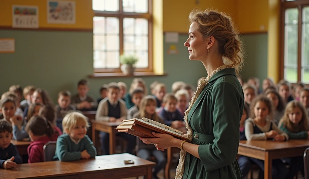 A captivating vintage portrait of a young, beautiful woman teaching a small group of eager children in a rustic schoolhouse, transporting us back to the 1980s. She is exquisitely dressed in a floral blouse, her gentle gestures and warm smile creating an inviting atmosphere. Surrounded by simple wooden desks and books, she imparts knowledge on reading, writing, and arithmetic. The soft lighting casts a gentle glow on her delicate features and sculpted form, while the overall ambiance evokes a sense of warmth, love, and education.