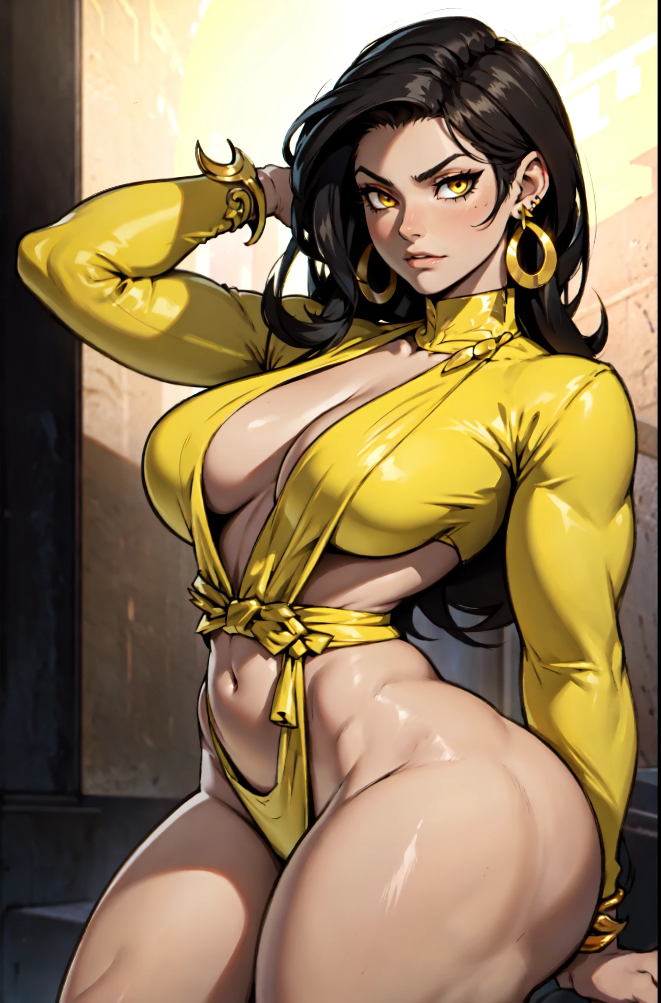 ((1 girl)) angry very long hair pale skin black hair yellow eyes ((muscular)) (huge breasts) rococo style