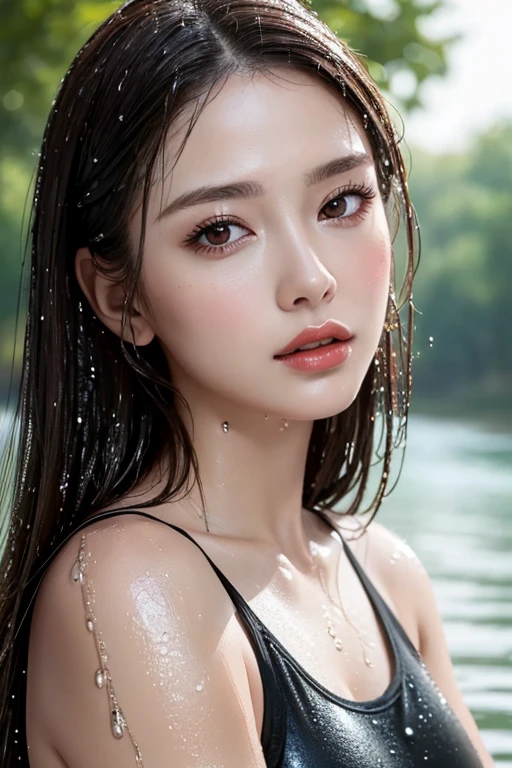 (Best quality, 4k, Masterpiece :1.3), pretty woman, 1girl, sexy :1.1, dark brown hair: 1.1, (river, wet body :1.2), sexy white tank tops, ultra-detailed face, detailed lips, detailed eyes, double eyelid