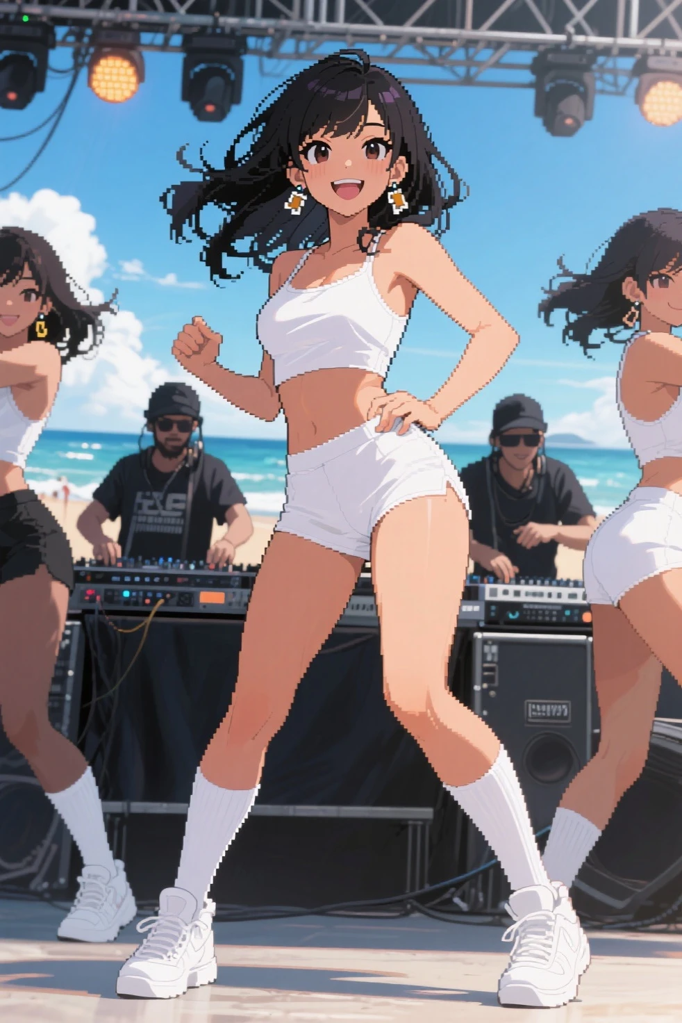in summer beach, sunshine, 1girl, (ebony skin:1.4), black people, (dreadlocks:1.2), big smile, (large breasts:1.2), singing,