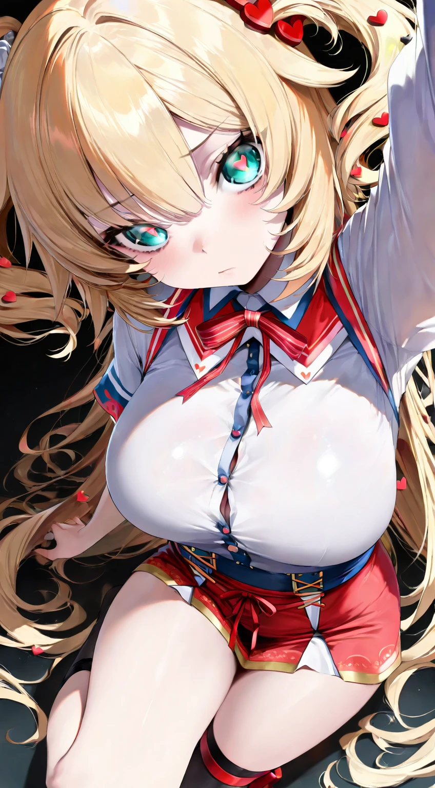 masterpiece, best quality, highres, hmmisaki, long hair, symbol-shaped pupils, +_+, large breasts, white gloves, elbow gloves, pleated skirt, white thighhighs, smile, open mouth, leaning forward, indoors Micro Bikini Swimwear On the bed On all fours+++