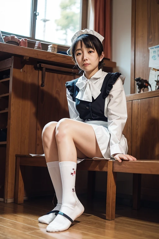(8K, RAW Photos, Highest quality, Tabletop:1.2), High-resolution RAW color photos, Professional photography, Cowboy Shot, (Realistic, Like the picture:1.37), ((Highest quality)), 18-year-old girl, Cinematic Light, (Detailed painted face:1.2), (Tabletop:1.5),No underwear,When squatting, I was wearing no panties.,I squatted down to pick up something that had fallen on the floor..,(Highest quality:1.2), (Mole:0.5), (smile:0.9), (View your viewers:1.2), Hug your feet, squat, His eyes are fixed on an object on the floor.., bow tie, (Detailed maid:1.2),You can see inside the skirt from the front,If you look from the front you can see between the legs,Long legs,Thin legs, Skinny girl, Korean Beauty,Wide-open chest blouse,I can see your small breasts,The movement of lowering the right hand to the floor and trying to grab something,No need to consciously look at the front camera.,