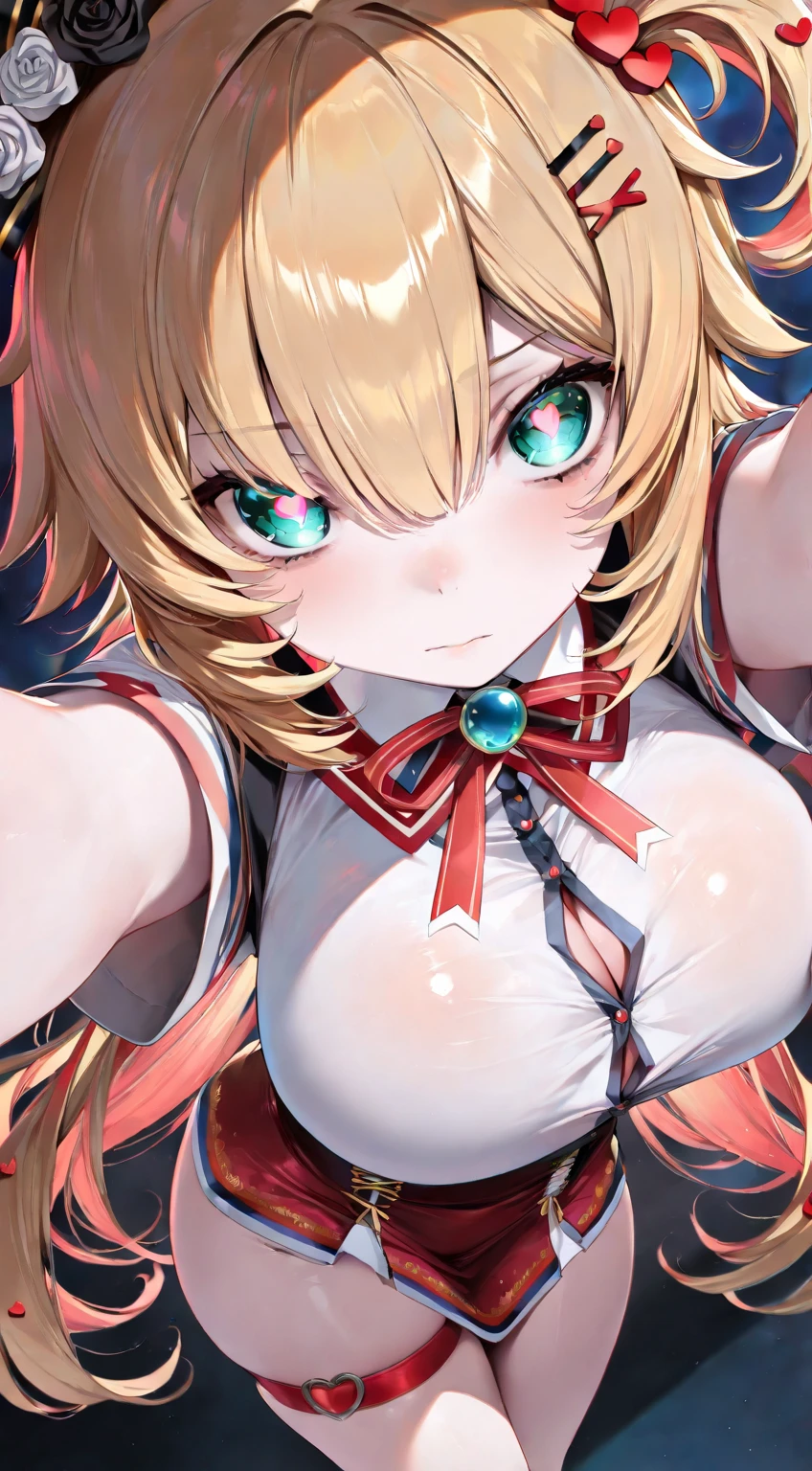 ((facing front:1.5)),( full body Esbian:1.5),Idle Pose,Beautiful and cute girl with dazzling smile, 1girl in, Solo, Bob Hare,Red ribbons, platinum-blonde,red eyes, Beautiful detailed eyes, Looking at Viewer、A big smile, Portrait,Red Idol Costume, corsets,holding the mic,tits out, Backlight,stage