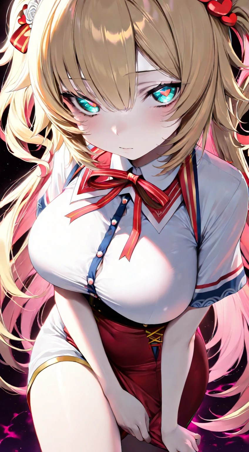 lumine, 1girl, solo, female focus, full body, blonde hair, amber eyes, hair between eyes, medium hair, braid hair, ponytail, pink light, soft light, soaked bra, sweaty bra, white bra, thin skirt, very short skirt, blushing shyly, crying, thicc, slim waist, full breast, sweaty, undress