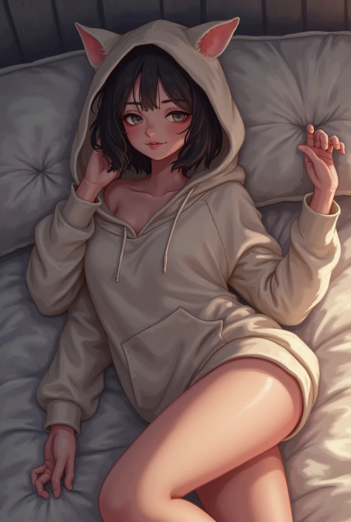 Asian woman wearing only hoodie, bare legs, hard nipples, mood lighting, pumps