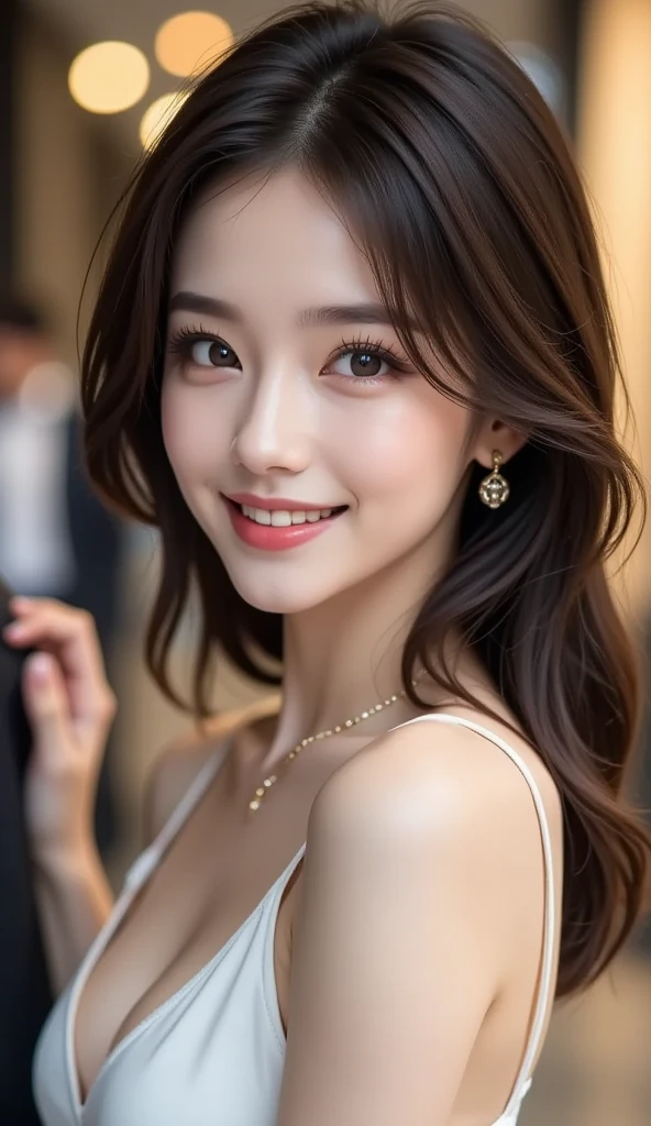 (masterpiece, Highest quality:1.2, Realistic, 8k), One girl, alone, mature,  Highly detailed face, Beautiful Eyes, double eyelid, Detailed lips, Beautiful Teeth, Shiny brunette hair,
